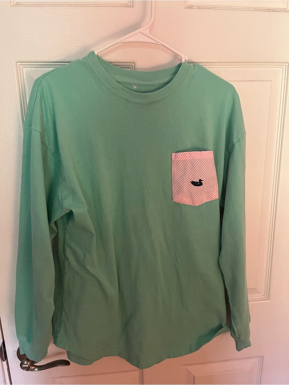 Mint Green Long-Sleeve Pocket Tee with Pink Pocket